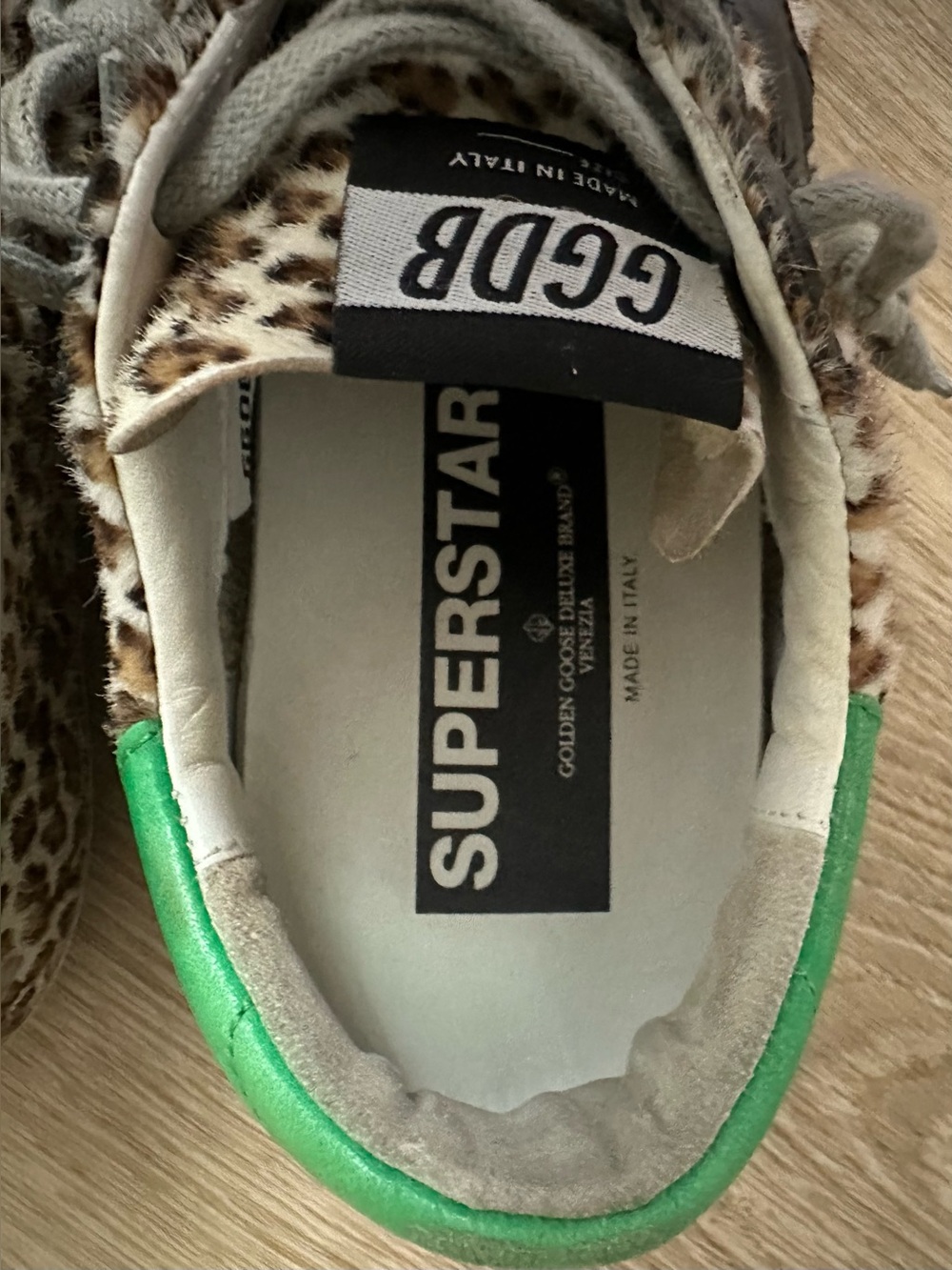 Golden Goose GGDB Super Star Leopard Pony Hair Sneakers Green Heel Tab EU 37 - Picture 6 of 12